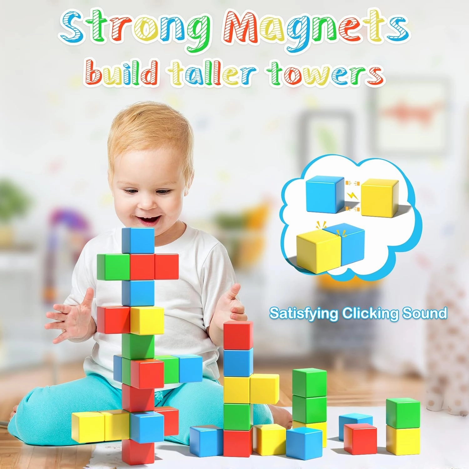 Large Magnetic Blocks Travel,56PCS 1.34in Building Blocks for Toddlers 3-5,Magnet Cubes for Toddlers,Sensory Montessori Toys Sets Learning Construction Squares Stem Toys for Boy,Girl,Kids,Kit,Gift,4-8