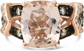 LE VIAN 14K Rose Gold, Cushion Cut Morganite & 3/4 Cttw White/Chocolate Split Shank Fashion Ring (H-I & Fancy Brown Color, SI1-SI2 Clarity) - Size 7