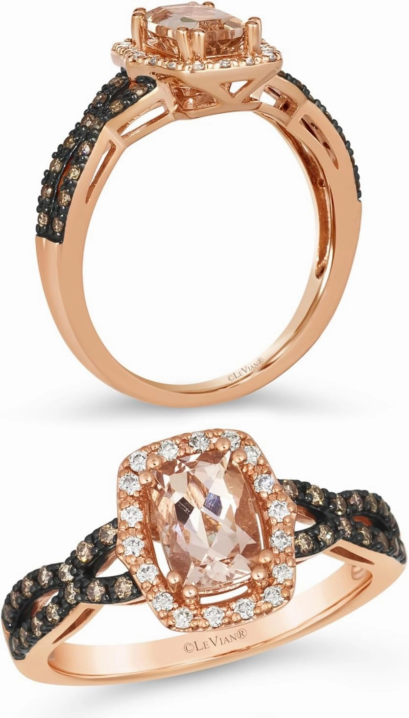 LE VIAN 1/4 Carat White and Chocolate Diamond Infinity Twist Halo Ring for Women I 14k Rose Gold Ring for Her with 5/8 Carat Cushion Cut Morganite (0.27 cttw) Anniversary Promise Band Size 7
