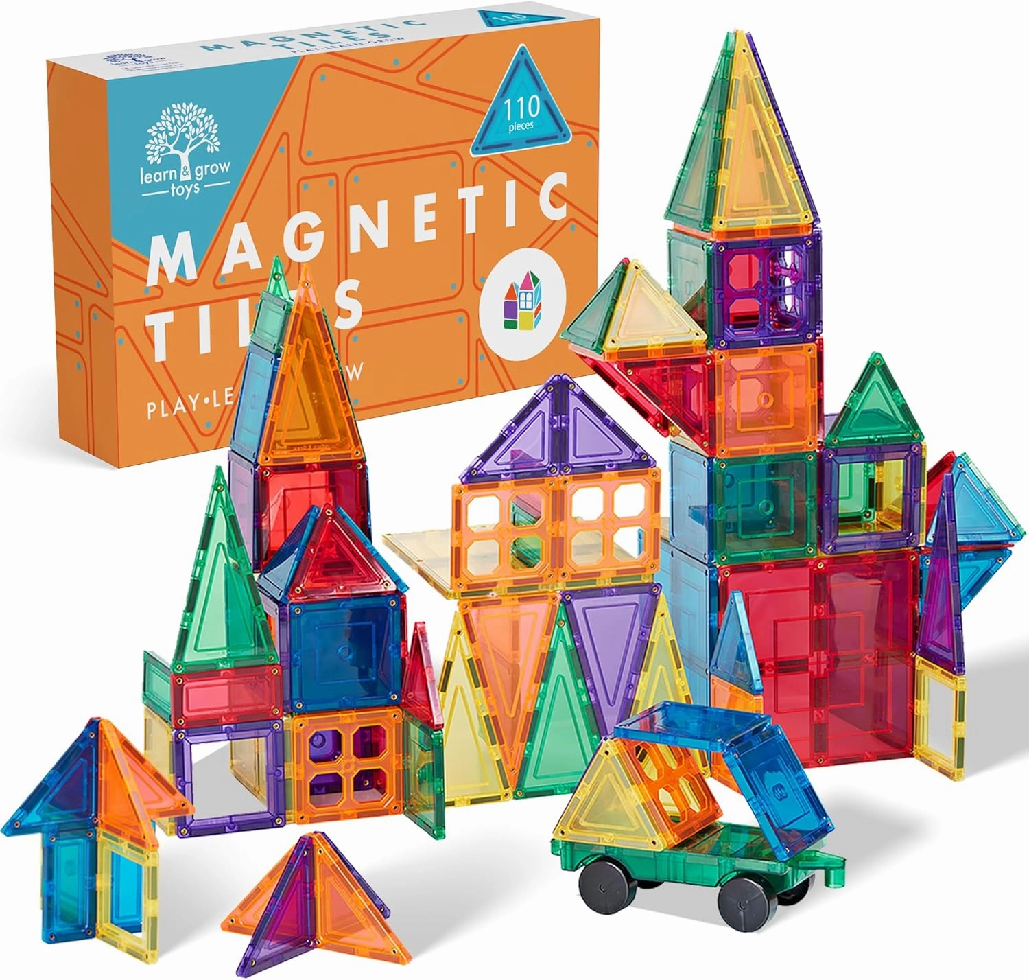 Learn & Grow Toys 110Pcs Magnetic Tiles Builders Pack Kids Magnetic Building Sets 3D Magnet Tile Building Blocks Construction Educational STEM Toys Gifts for Toddlers Boys Girls
