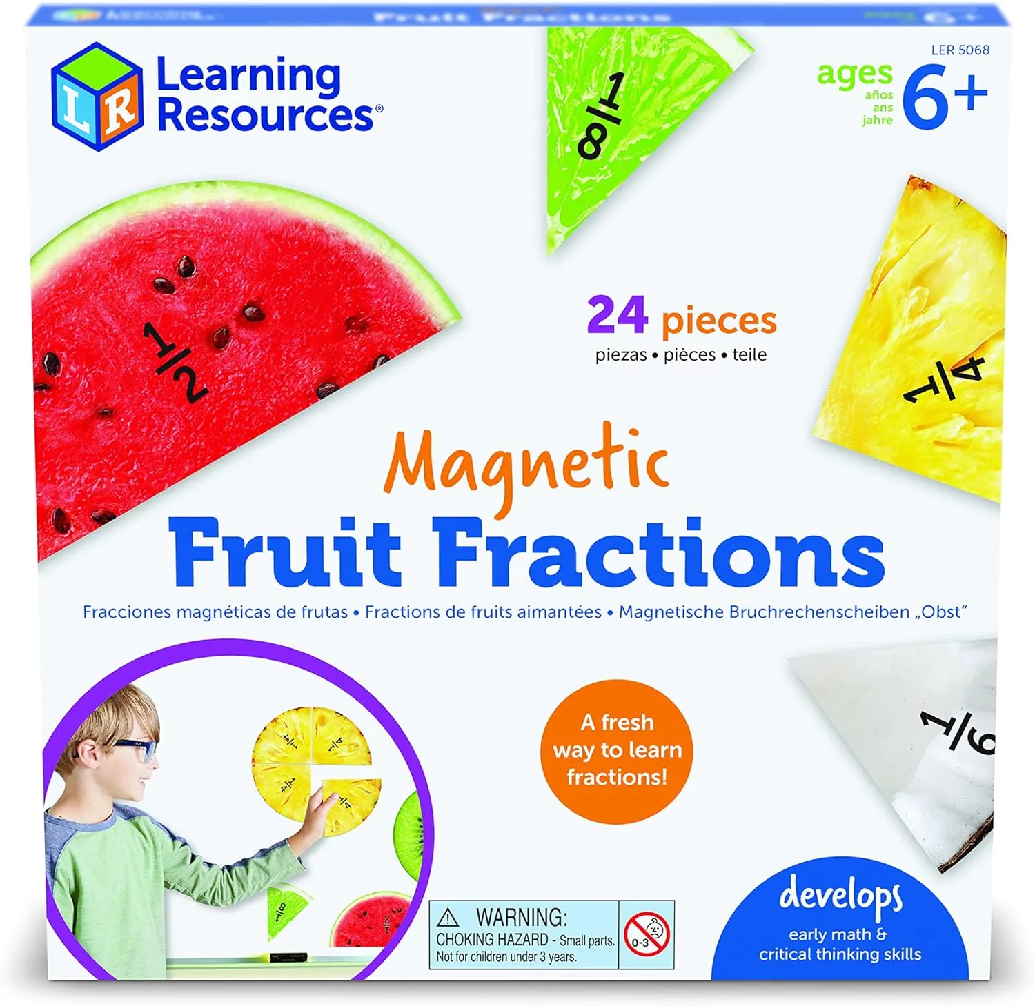 Learning Resources Magnetic Fruit Fractions, Number Learning for Kids Math, Montessori Math, Games for Kids, Educational Indoor Games, 24 Pieces, Age 6 