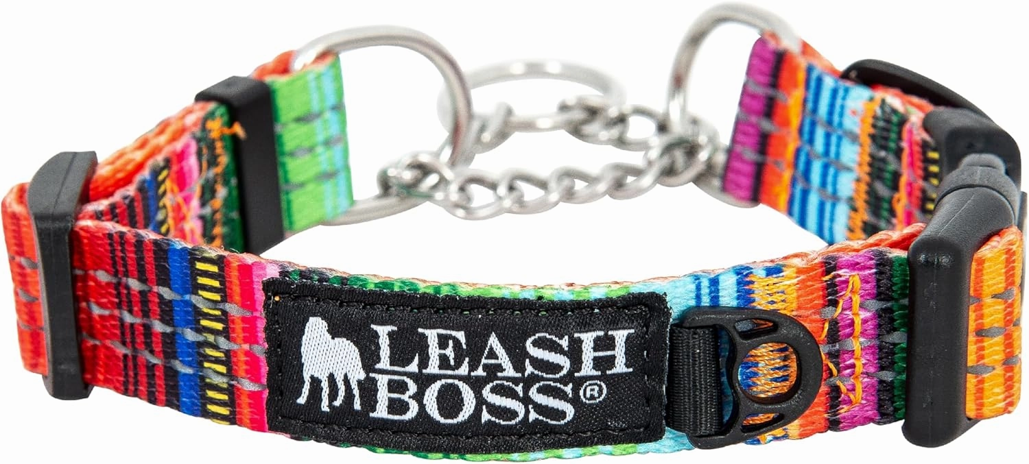 Leash Boss Martingale Collar for Dogs - Steel Chain | Reflective Nylon Dog Collar for Large Dogs, Medium and Small Dogs | No Pull Pet Training Collar Small