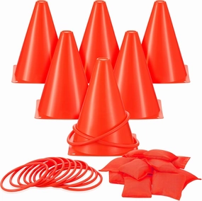 Leitee 30 Pcs 3 in 1 Carnival Outdoor Games Combo Set, Plastic Cones Ring Toss Games Includes 6 Plastic Buckets, 12 Plastic Rings, 12 Sandbags Gift for Birthday Christmas Party