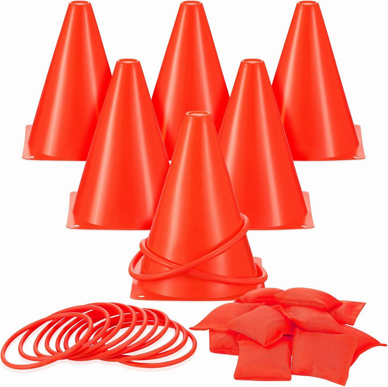 Leitee 30 Pcs 3 in 1 Carnival Outdoor Games Combo Set, Plastic Cones Ring Toss Games Includes 6 Plastic Buckets, 12 Plastic Rings, 12 Sandbags Gift for Birthday Christmas Party