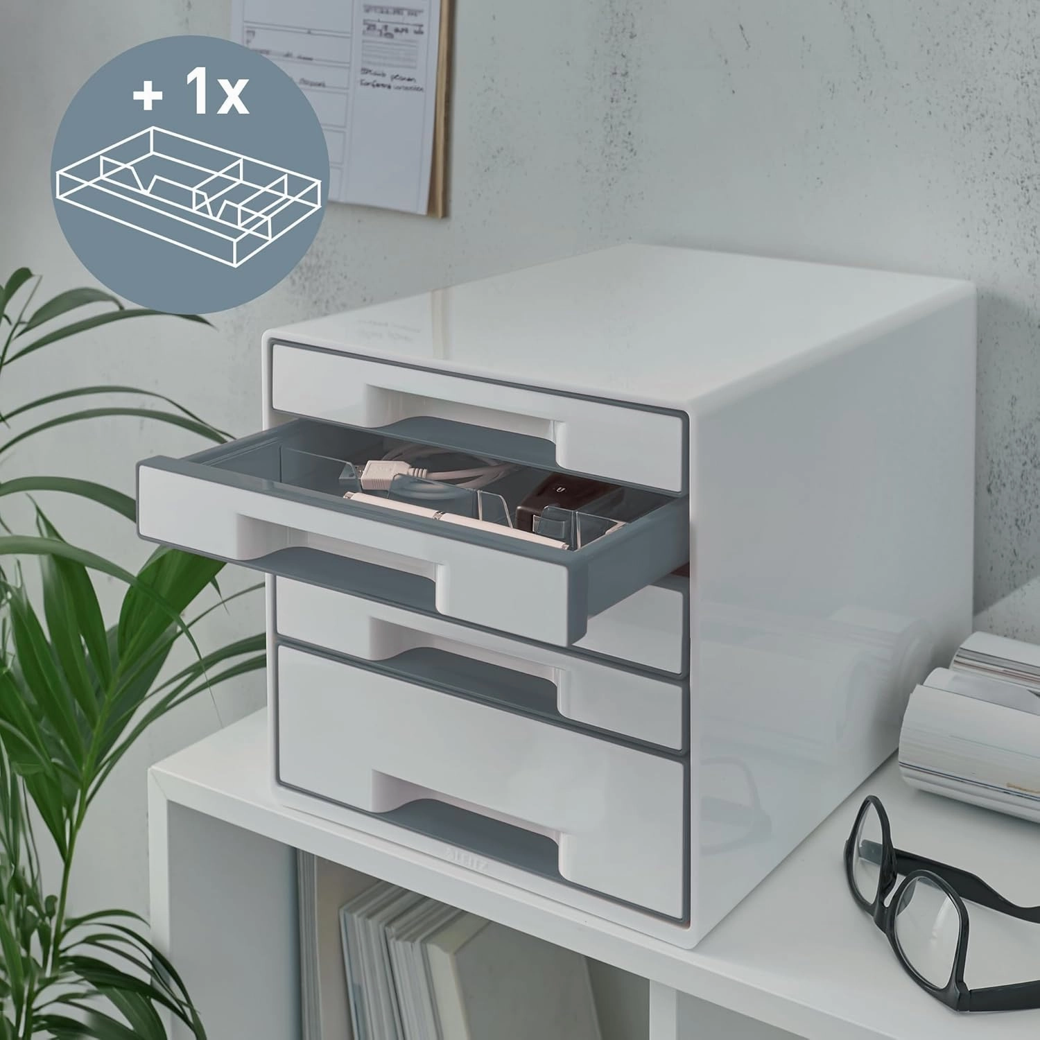 Leitz CUBE drawer box with 4 drawers, white/grey, A4, with transparent drawer insert, WOW, 52142001