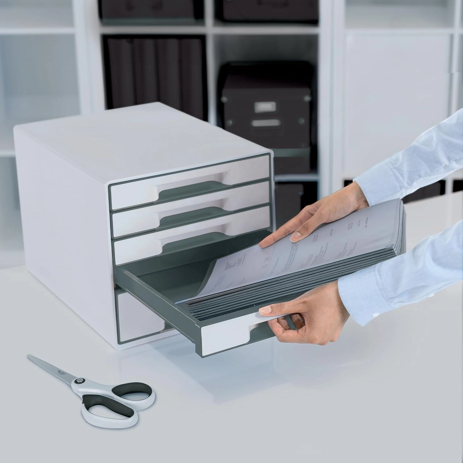 Leitz CUBE drawer box with 4 drawers, white/grey, A4, with transparent drawer insert, WOW, 52142001