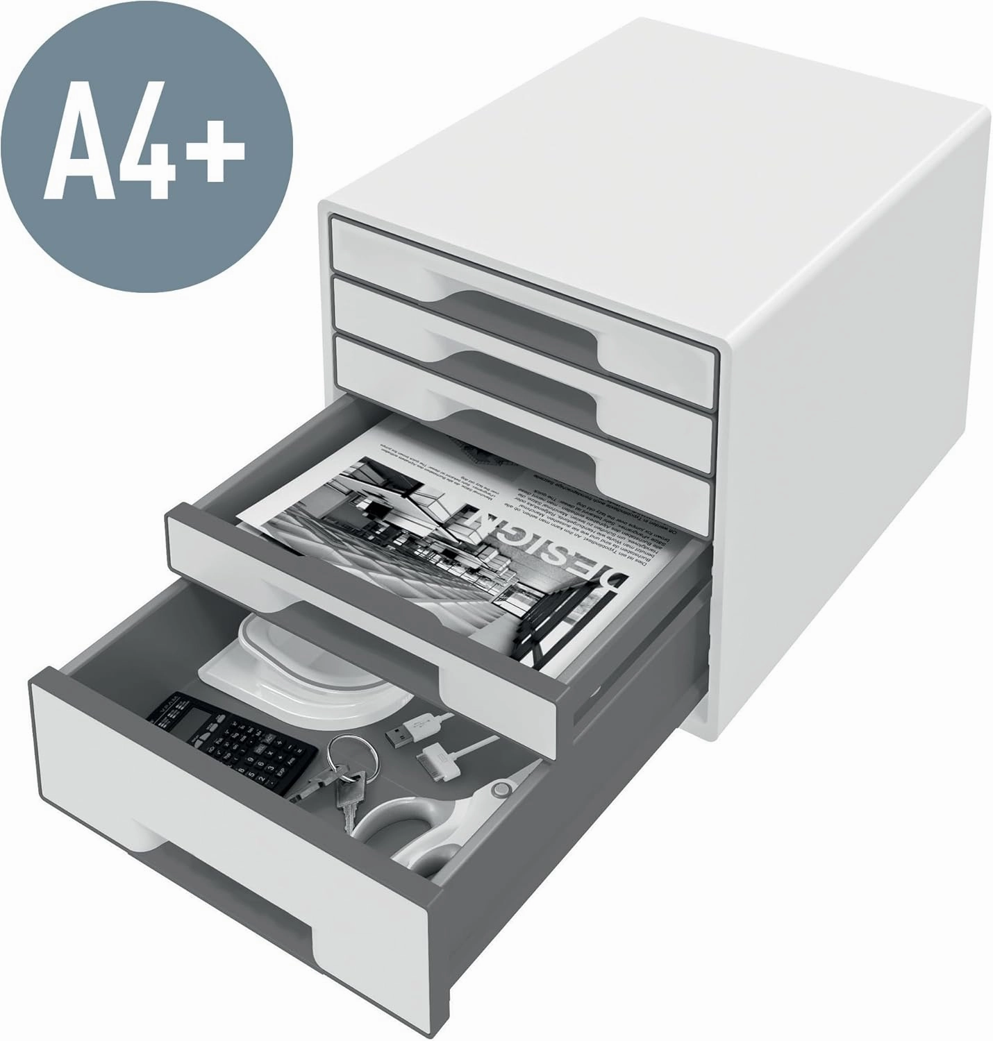 Leitz CUBE drawer box with 4 drawers, white/grey, A4, with transparent drawer insert, WOW, 52142001