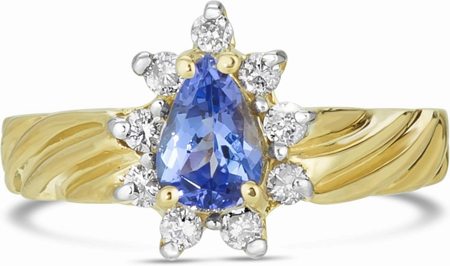 LeVian 14K Yellow Gold, Pear Cut Tanzanite & 1/4 Cttw Diamond Halo Fluted Band Fashion Ring (M-N Color, SI2-I1 Clarity)