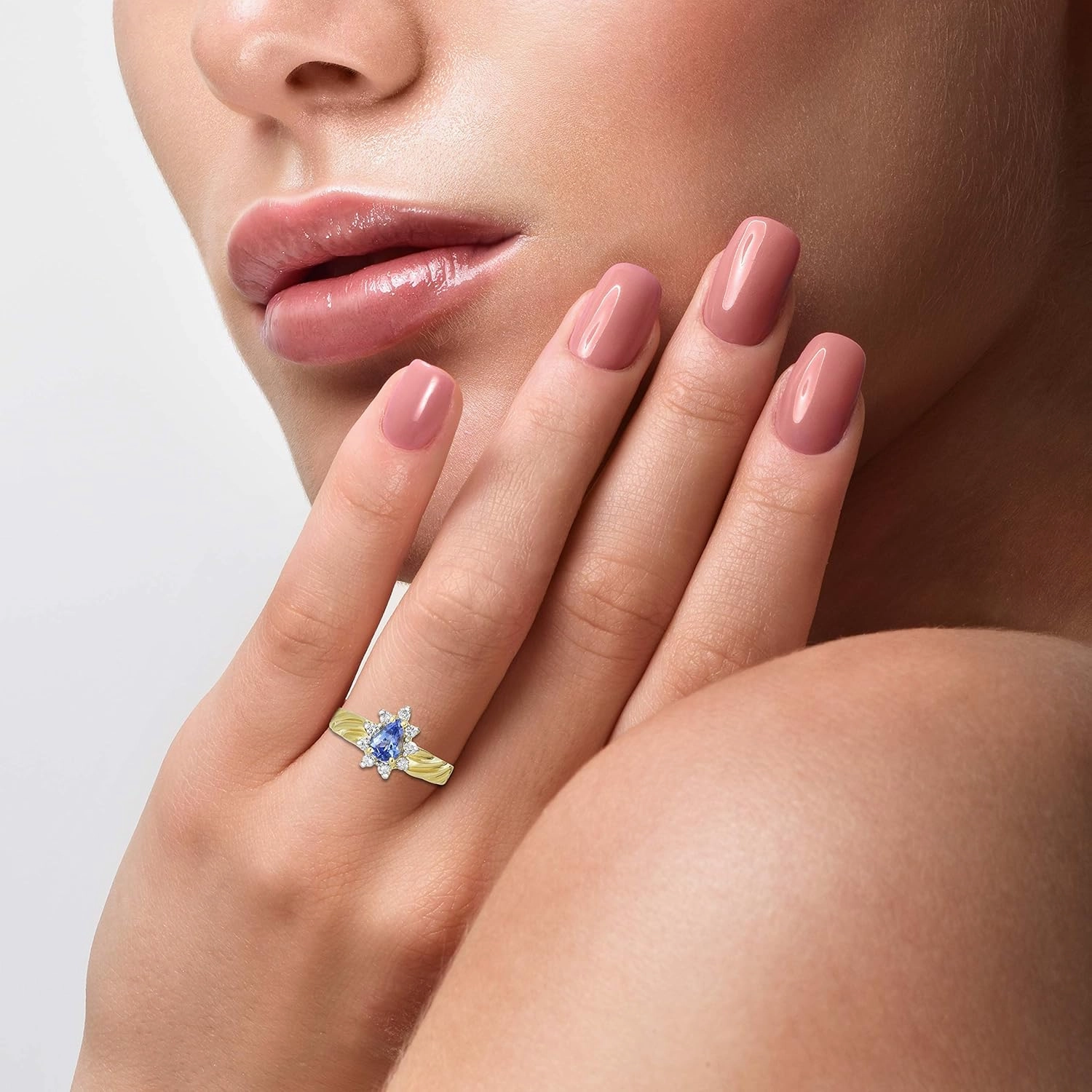 LeVian 14K Yellow Gold, Pear Cut Tanzanite & 1/4 Cttw Diamond Halo Fluted Band Fashion Ring (M-N Color, SI2-I1 Clarity)