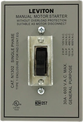 Leviton N1302-DS 30 Amp, 600 Volt, Toggle In Type 1 Enclosure Double-Pole AC Motor Starter, Suitable as Motor Disconnect, Industrial Grade, Grounded, Gray