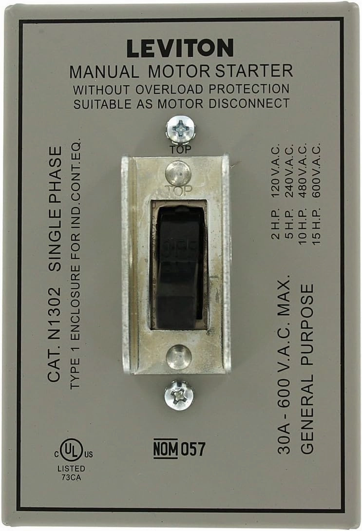 Leviton N1302-DS 30 Amp, 600 Volt, Toggle In Type 1 Enclosure Double-Pole AC Motor Starter, Suitable as Motor Disconnect, Industrial Grade, Grounded, Gray
