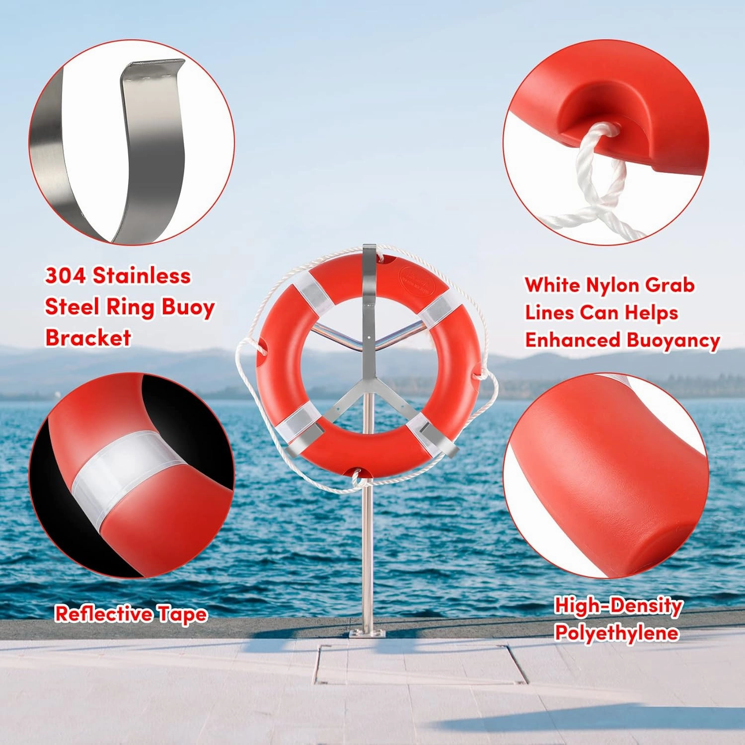 Life Ring for Boating Safety - 23" and 28" Boat Safety Throw Rings with Reflective Strip and Grab Lines (2 Color)