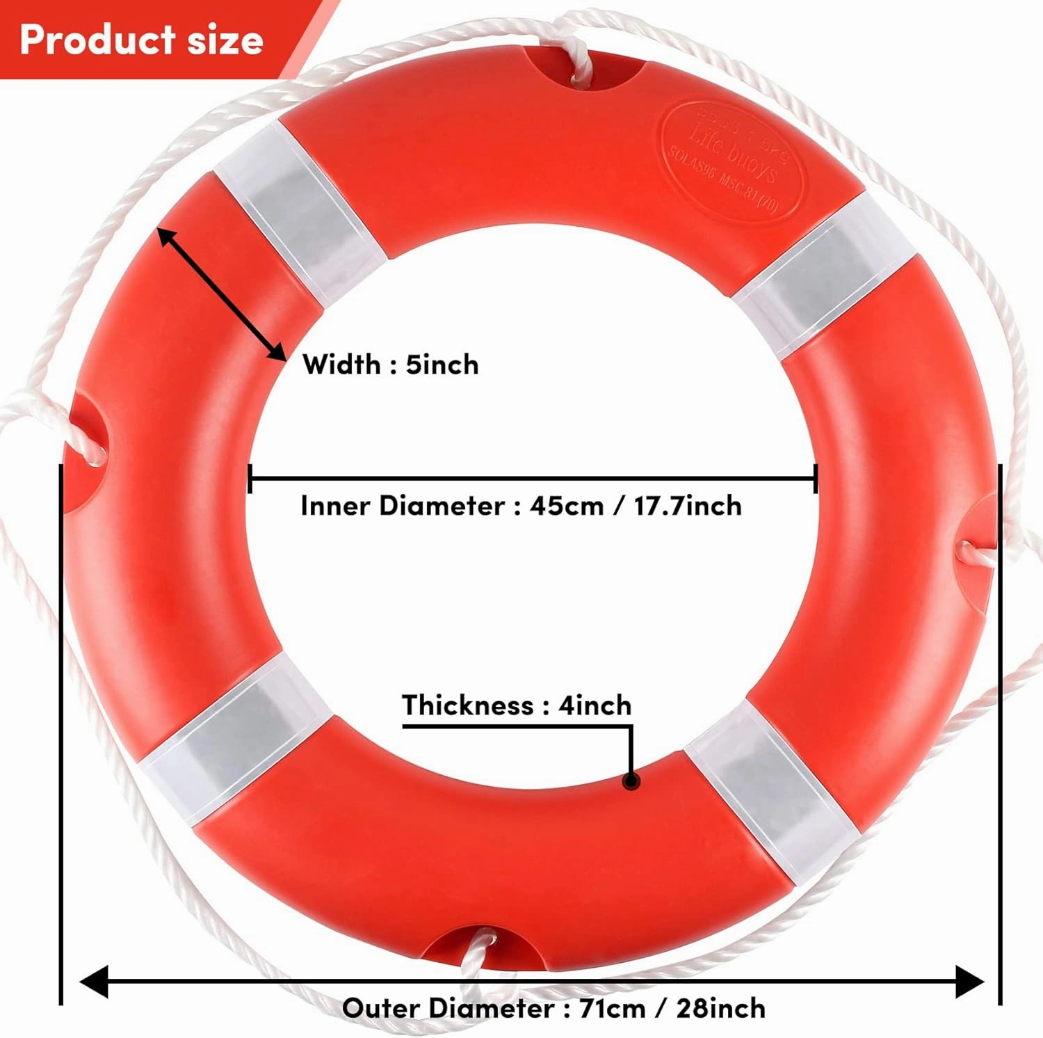 Life Ring for Boating Safety - 23" and 28" Boat Safety Throw Rings with Reflective Strip and Grab Lines (2 Color)