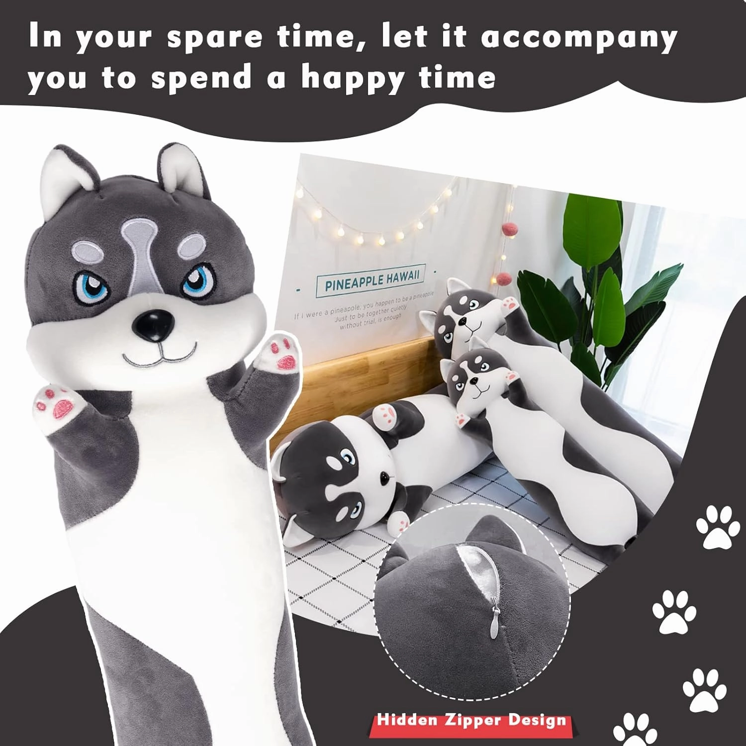 Long Husky Plush Pillow, 51.1in Cute Dog Plushie Stuffed Animals Body Pillow, Kawaii Husky Soft Plushie Doll Toy Birthday Gift for Kids Girlfriend