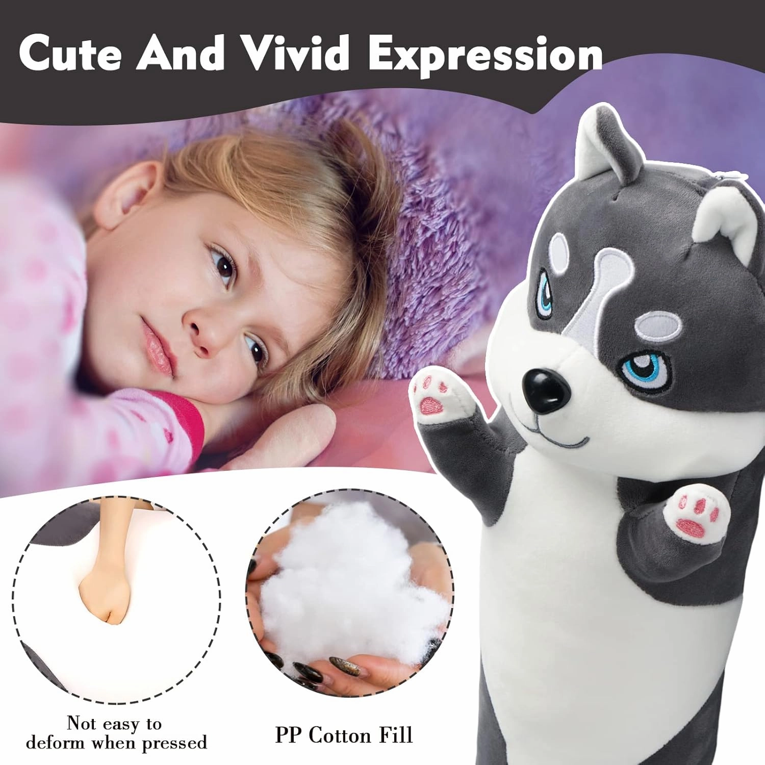 Long Husky Plush Pillow, 51.1in Cute Dog Plushie Stuffed Animals Body Pillow, Kawaii Husky Soft Plushie Doll Toy Birthday Gift for Kids Girlfriend