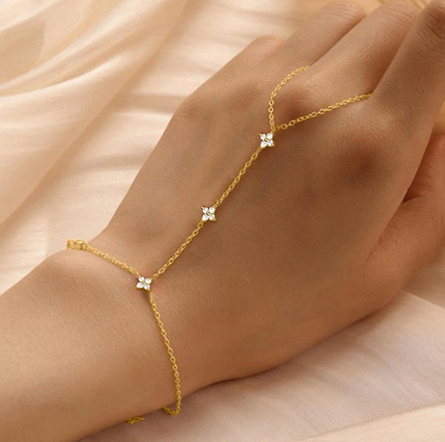Lucky Leaf Finger Chain Ring Bracelet for Women Dainty 925 Sterling Silver Body Ring Hand Bracelet Cute 14K Gold Plated Stackable Pendant Flower CZ Handmade to Daughter Mother Wedding Birthday Jewelry