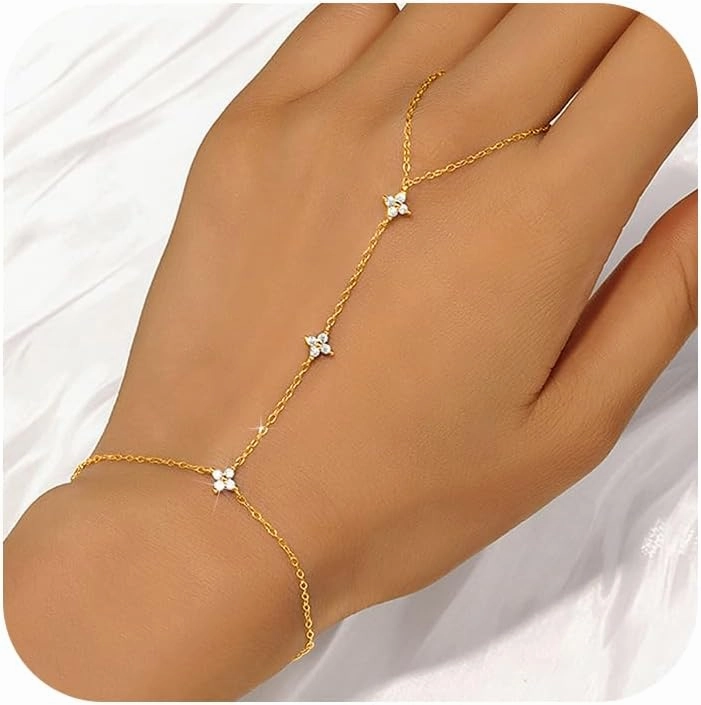 Lucky Leaf Finger Chain Ring Bracelet for Women Dainty 925 Sterling Silver Body Ring Hand Bracelet Cute 14K Gold Plated Stackable Pendant Flower CZ Handmade to Daughter Mother Wedding Birthday Jewelry