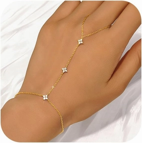 Lucky Leaf Finger Chain Ring Bracelet for Women Dainty 925 Sterling Silver Body Ring Hand Bracelet Cute 14K Gold Plated Stackable Pendant Flower CZ Handmade to Daughter Mother Wedding Birthday Jewelry