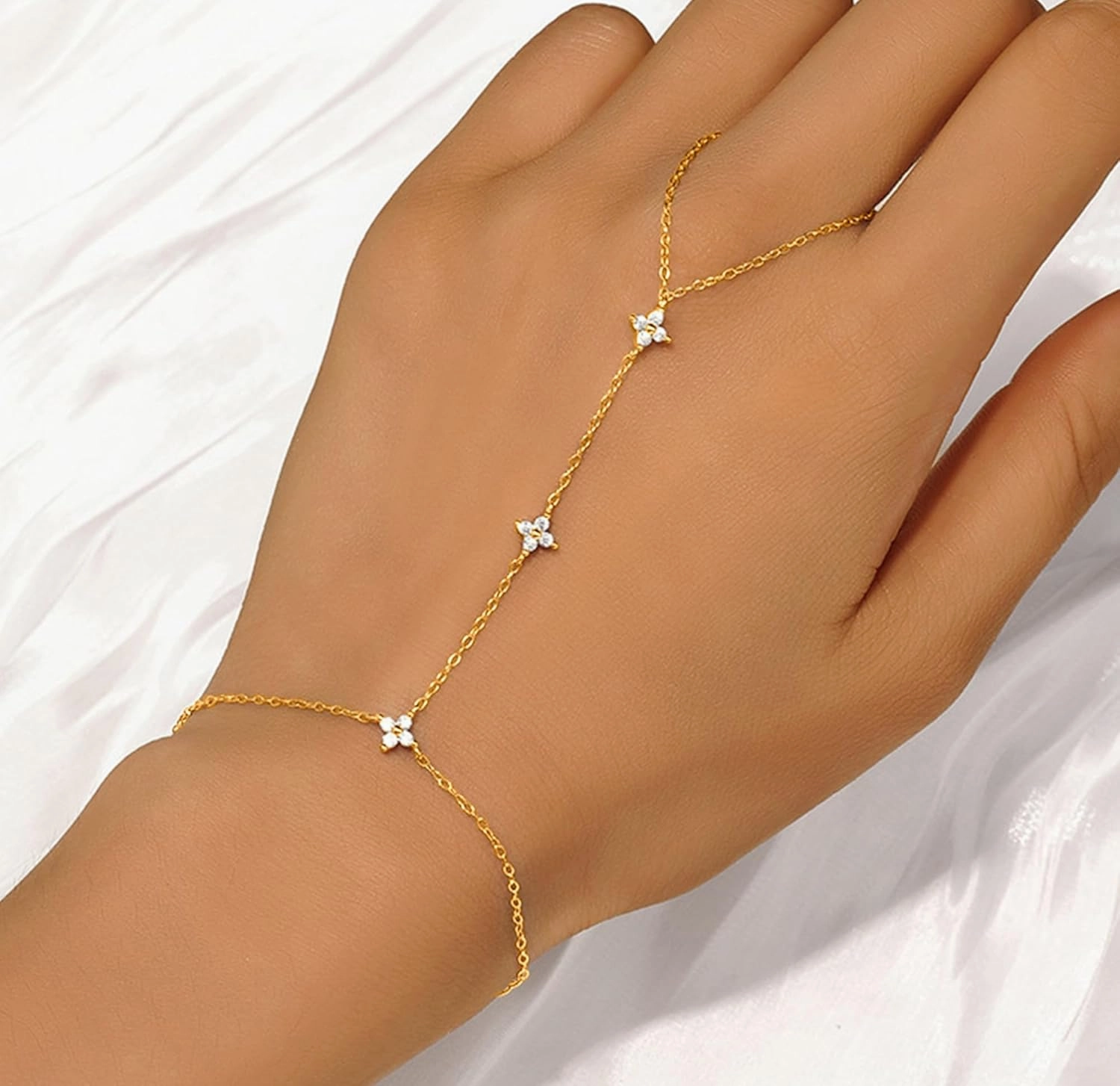 Lucky Leaf Finger Chain Ring Bracelet for Women Dainty 925 Sterling Silver Body Ring Hand Bracelet Cute 14K Gold Plated Stackable Pendant Flower CZ Handmade to Daughter Mother Wedding Birthday Jewelry
