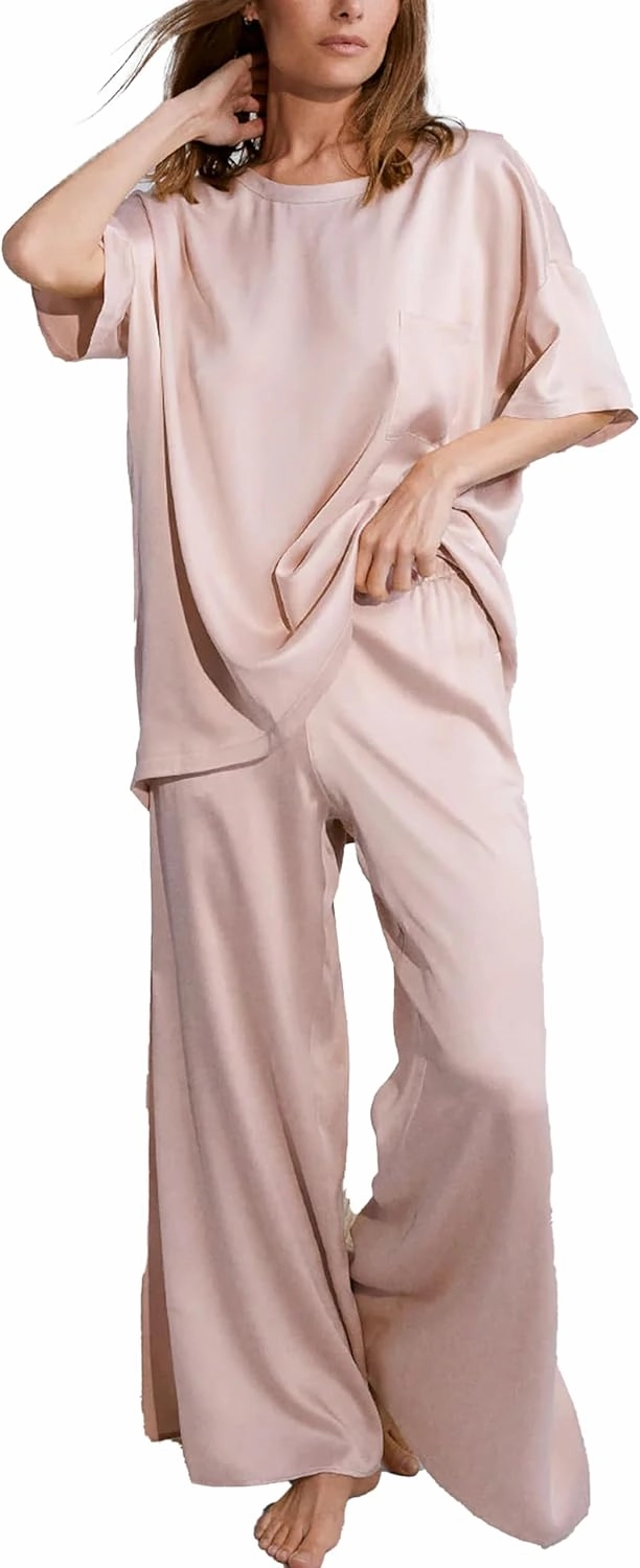 Lunya Washable Mulberry Silk Pajamas for Women – Breathable Set with Oversized Tee & Silk Pants – Multiple Colors & Sizes