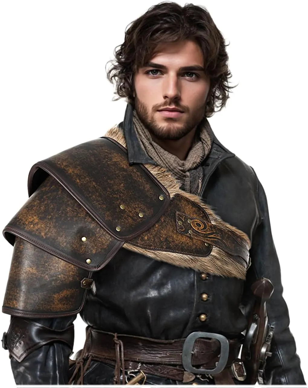 L'VOW Viking Shoulder Armor Men's Medieval Leather Chest Armor with Fur for Halloween Warrior LARP Cosplay(Brown)