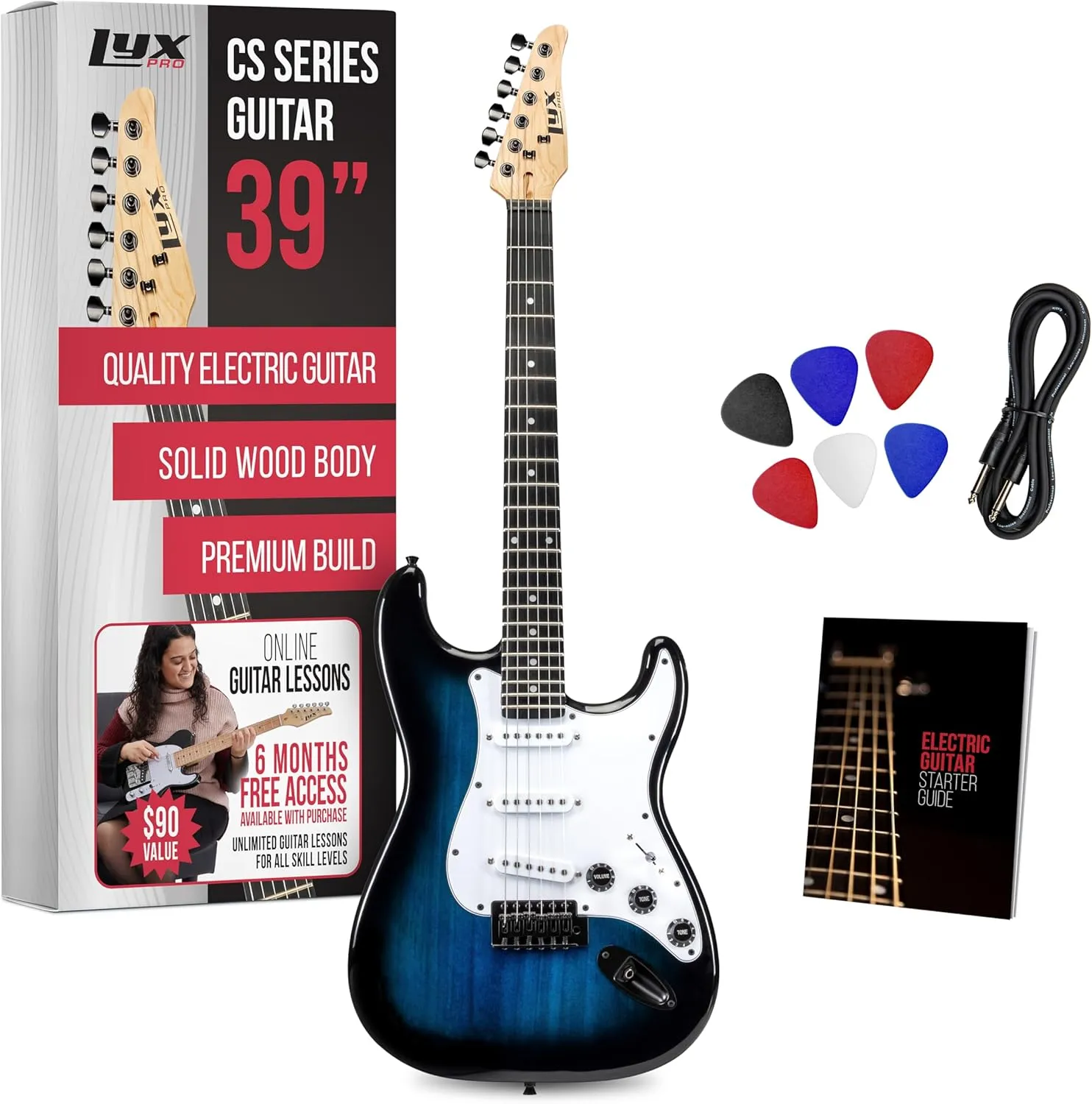 LyxPro CS 39” Electric Guitar Kit for Beginner, Intermediate & Pro Players with Guitar, Amp Cable, 6 Picks & Learner’s Guide | Solid Wood Body, Volume/Tone Controls, 5-Way Pickup - Blue