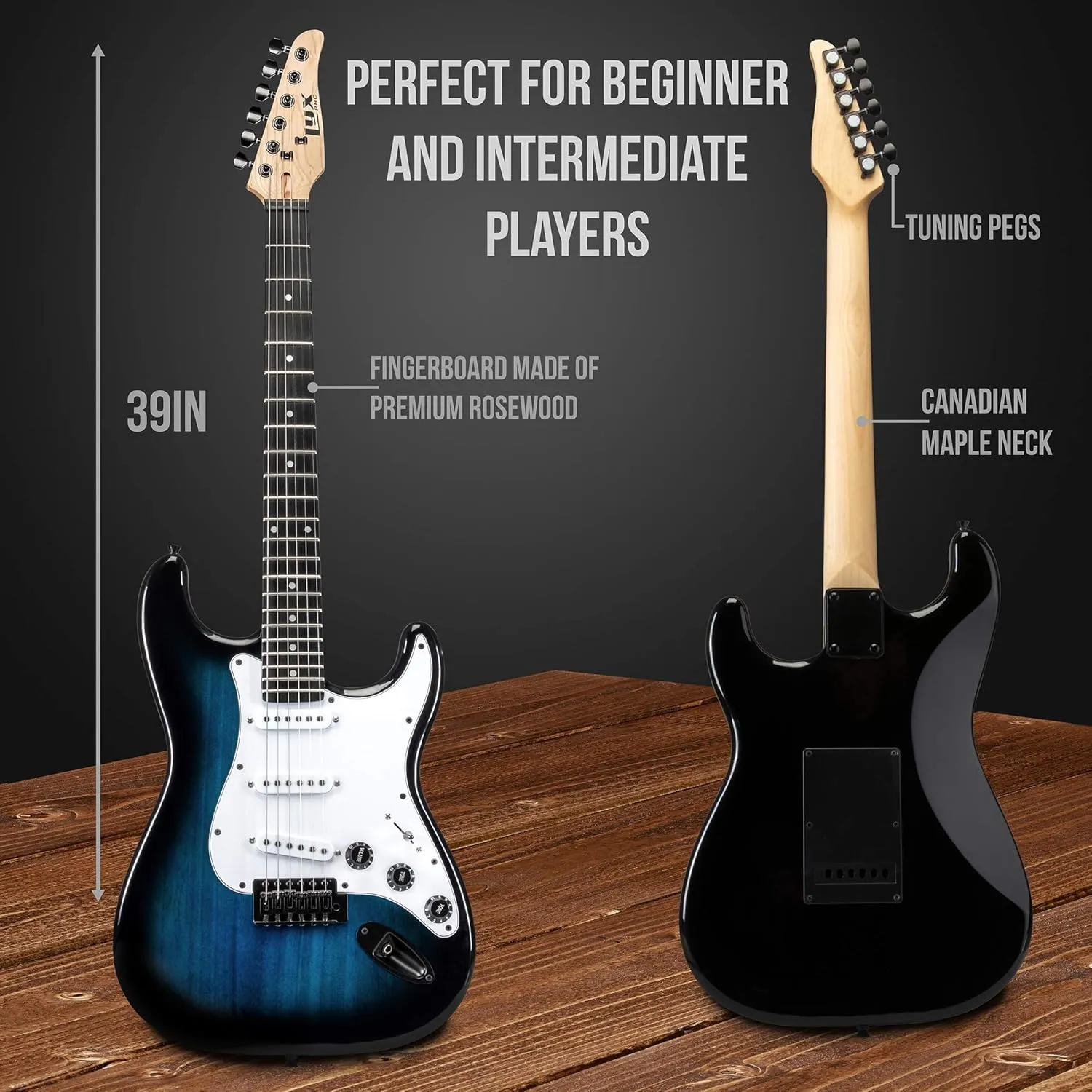LyxPro CS 39” Electric Guitar Kit for Beginner, Intermediate & Pro Players with Guitar, Amp Cable, 6 Picks & Learner’s Guide | Solid Wood Body, Volume/Tone Controls, 5-Way Pickup - Blue