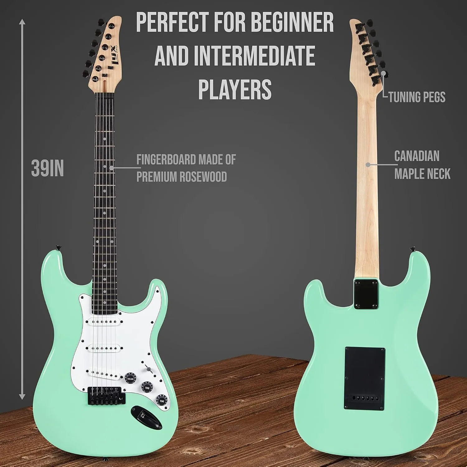 LyxPro CS 39” Electric Guitar Kit for Beginner, Intermediate & Pro Players with Guitar, Amp Cable, 6 Picks & Learner’s Guide | Solid Wood Body, Volume/Tone Controls, 5-Way Pickup - Green