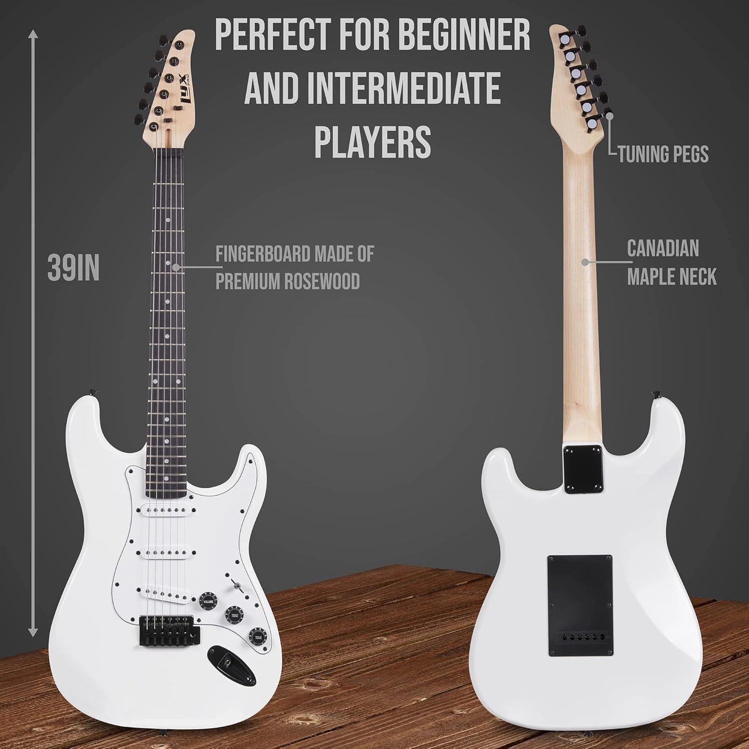 LyxPro CS 39” Electric Guitar Kit for Beginner, Intermediate & Pro Players with Guitar, Amp Cable, 6 Picks & Learner’s Guide | Solid Wood Body, Volume/Tone Controls, 5-Way Pickup - White