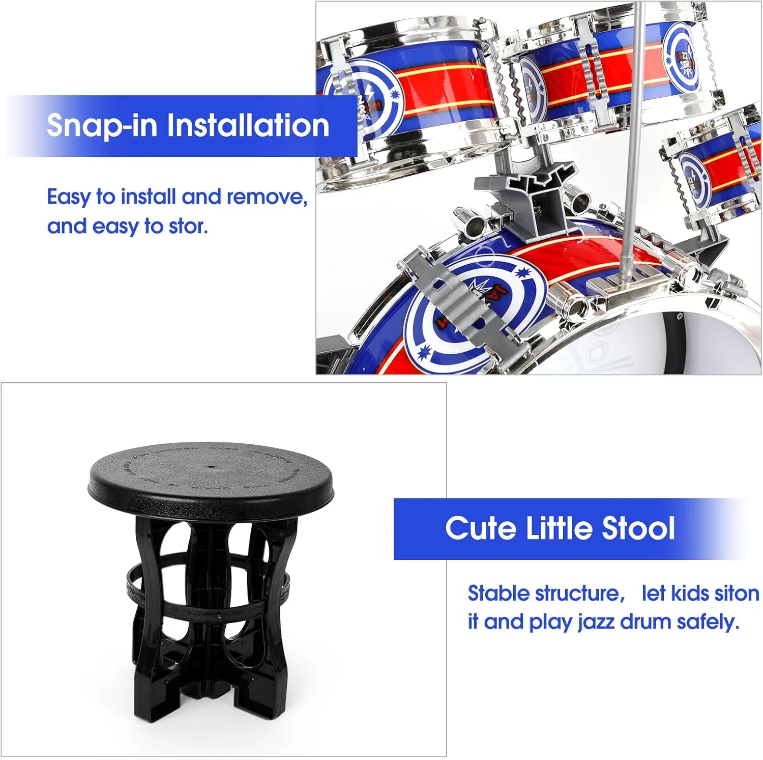 M SANMERSEN Toddler Drum Kit for Ages 1-3 | 5-Piece Kids Drum Set with Stool & Cymbal | Compact Musical Instruments Toys Birthday Gift for 1- 3 Year Beginners Olds Boys Girls (Blue, with LED Light)