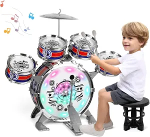 M SANMERSEN Toddler Drum Kit for Ages 1-3 | 5-Piece Kids Drum Set with Stool & Cymbal | Compact Musical Instruments Toys Birthday Gift for 1- 3 Year Beginners Olds Boys Girls (Blue, with LED Light)