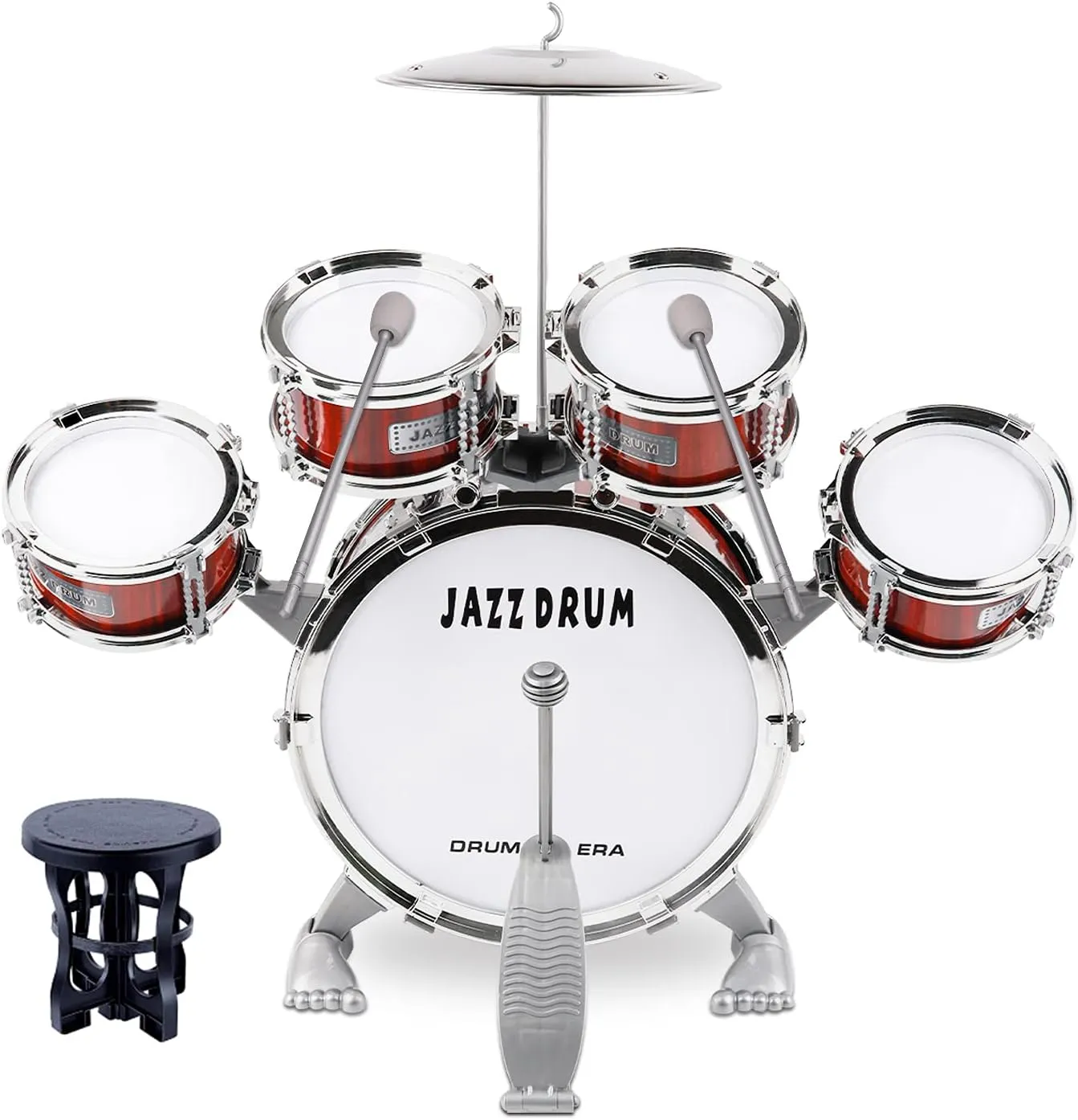 M SANMERSEN Toddler Drum Kit Kids Toy Jazz Drum Set 5 Drums with Stool Mini Band Rock Set Musical Instruments Toy Birthday Gift for Beginners Boys Girls, Red