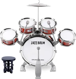 M SANMERSEN Toddler Drum Kit Kids Toy Jazz Drum Set 5 Drums with Stool Mini Band Rock Set Musical Instruments Toy Birthday Gift for Beginners Boys Girls, Red