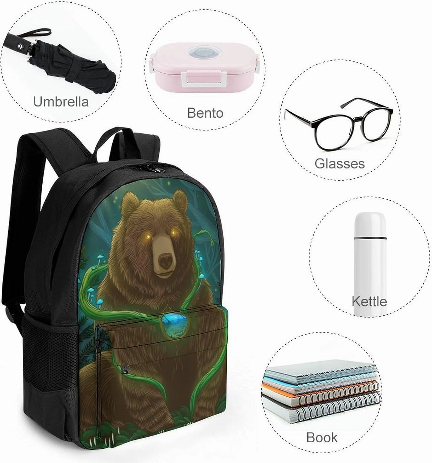 Magic Brown Bear Mysterious Natural Art Rucksacks Polyester Anti-Theft Multipurpose Carry On Bag Large Capacity Gym Outdoor Hiking Backpack With Smooth Zippers
