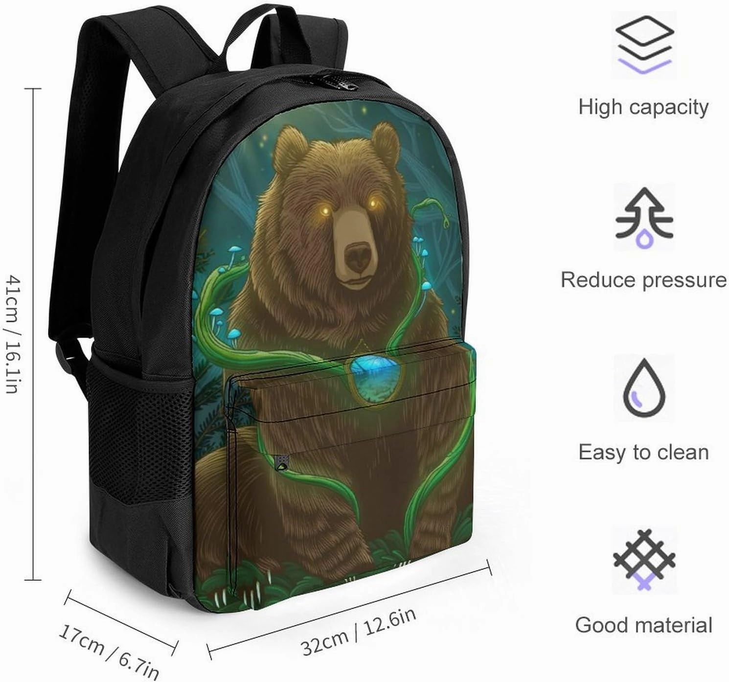 Magic Brown Bear Mysterious Natural Art Rucksacks Polyester Anti-Theft Multipurpose Carry On Bag Large Capacity Gym Outdoor Hiking Backpack With Smooth Zippers