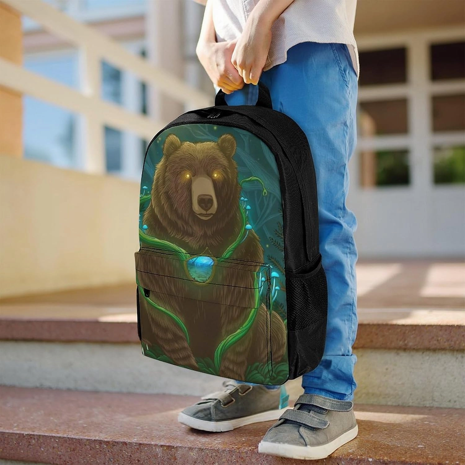 Magic Brown Bear Mysterious Natural Art Rucksacks Polyester Anti-Theft Multipurpose Carry On Bag Large Capacity Gym Outdoor Hiking Backpack With Smooth Zippers
