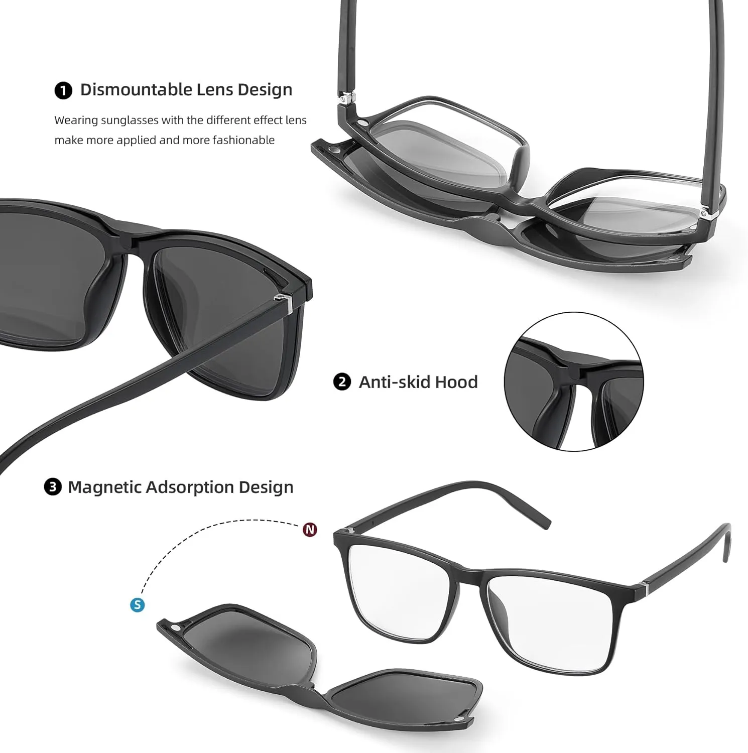 Magnetic 5Pcs Polarized Clip-on Sunglasses Plastic Frame for Night Driving