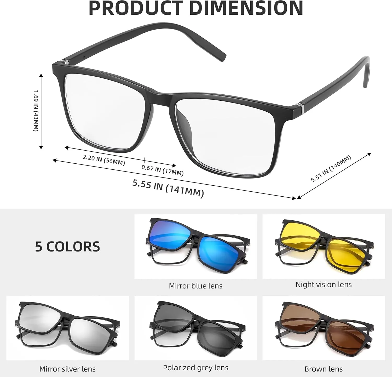 Magnetic 5Pcs Polarized Clip-on Sunglasses Plastic Frame for Night Driving