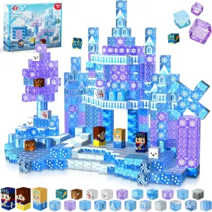 Magnetic Blocks - 100Pcs Transparent Building Block for Kids Ages 4-8, Magnet Blocks Sets for Blue Princess Castle Build, Magnet Cubes Tiles Building Toys for Girls Ages 3 4 5 6 7 8-12 Birthday Gift