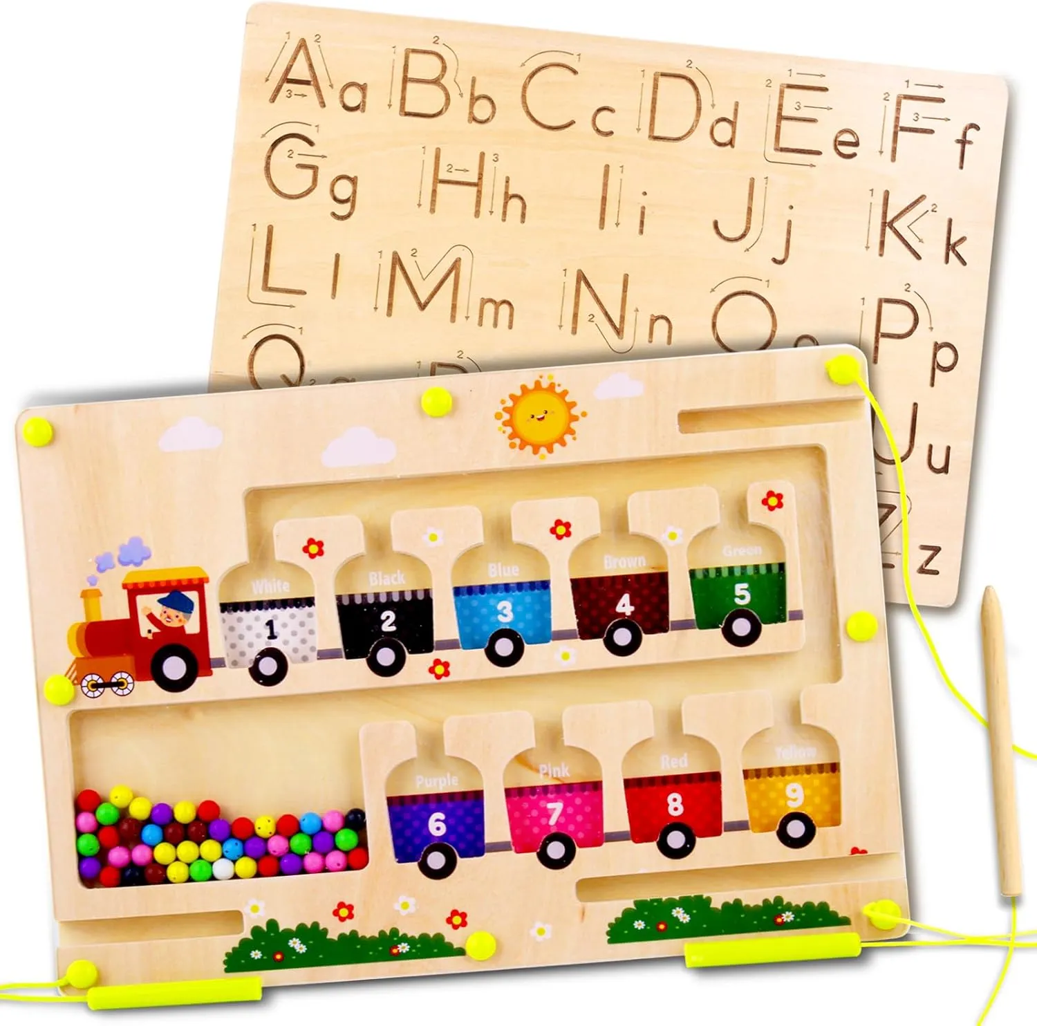 Magnetic Color and Number Maze Board, Double Sided 2 in 1 Montessori Alphabet Tracing Board Magnetic Maze for Kids Ages 3-5 Years，Toddler Fine Motor Skills