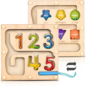 Magnetic Maze Board - Montessori Wooden Puzzles Educational Shape Sorter for Toddlers, Color & Number Matching Game - Motor Skills Magnet Toys Kids 3-5 Years Old Boys Girls Preschool (Double Maze, M)