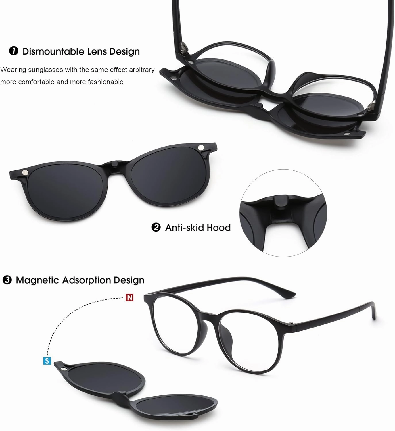 Magnetic 5Pcs Polarized Clip-on Sunglasses Plastic Frame for Night Driving