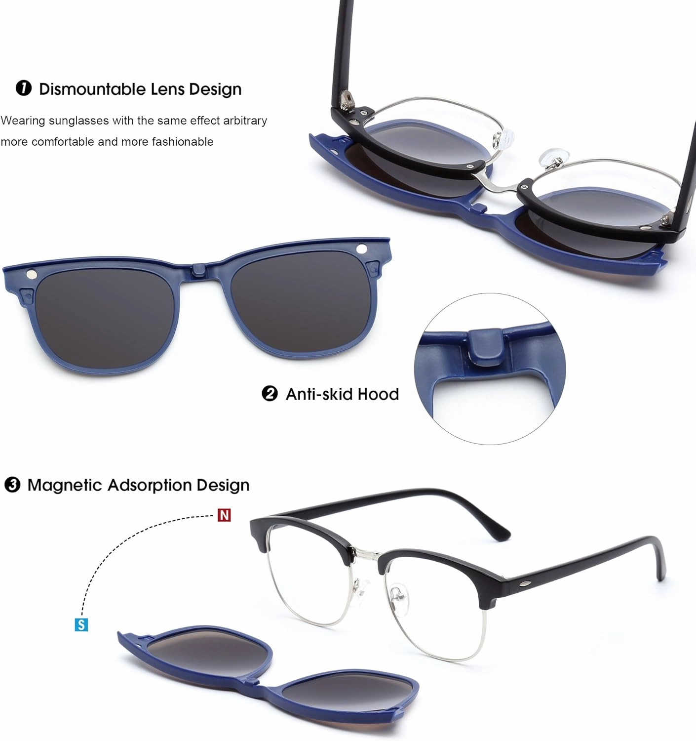 Magnetic 5Pcs Polarized Clip-on Sunglasses Plastic Frame for Night Driving