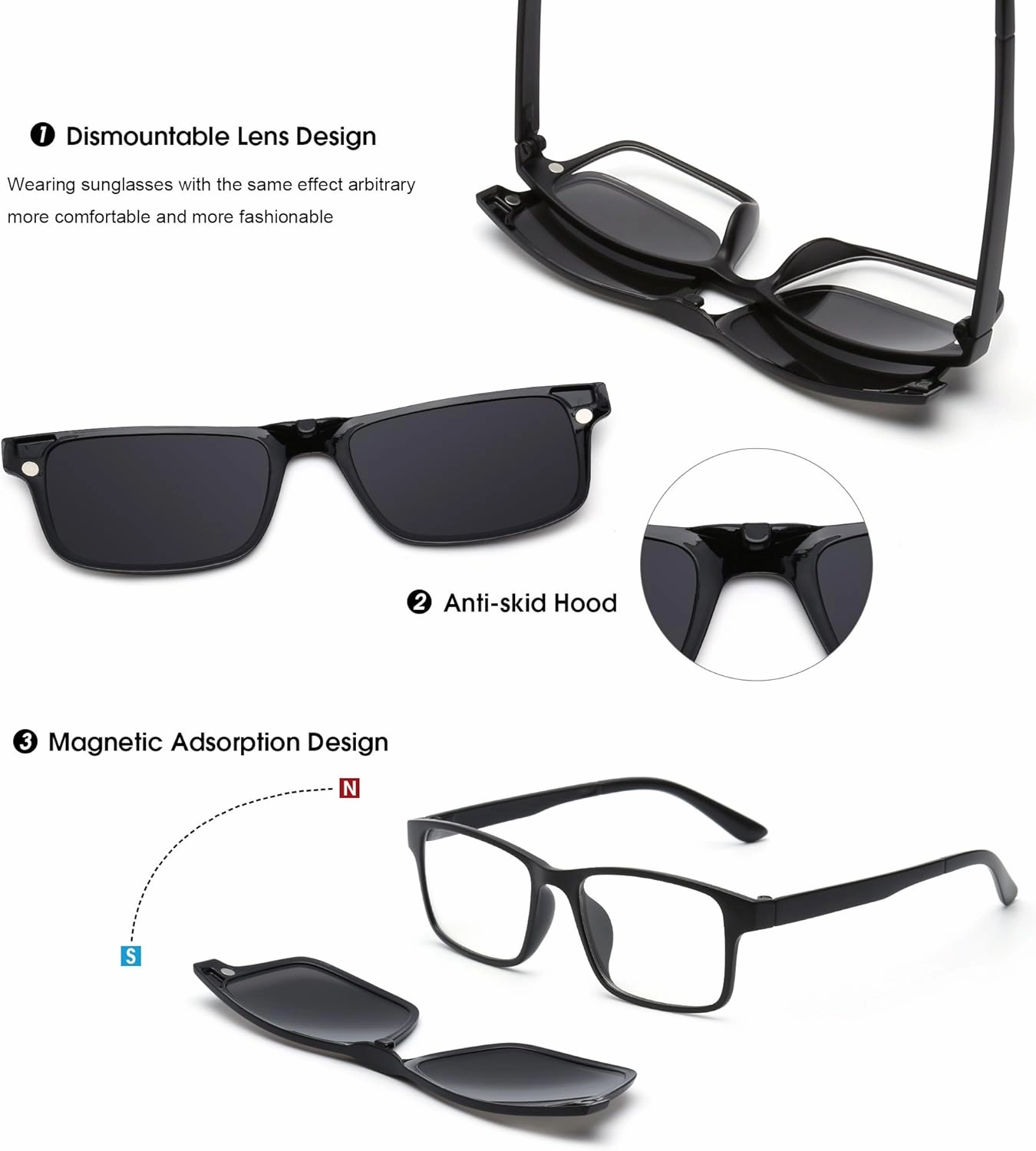 Magnetic 5Pcs Polarized Clip-on Sunglasses Plastic Frame for Night Driving