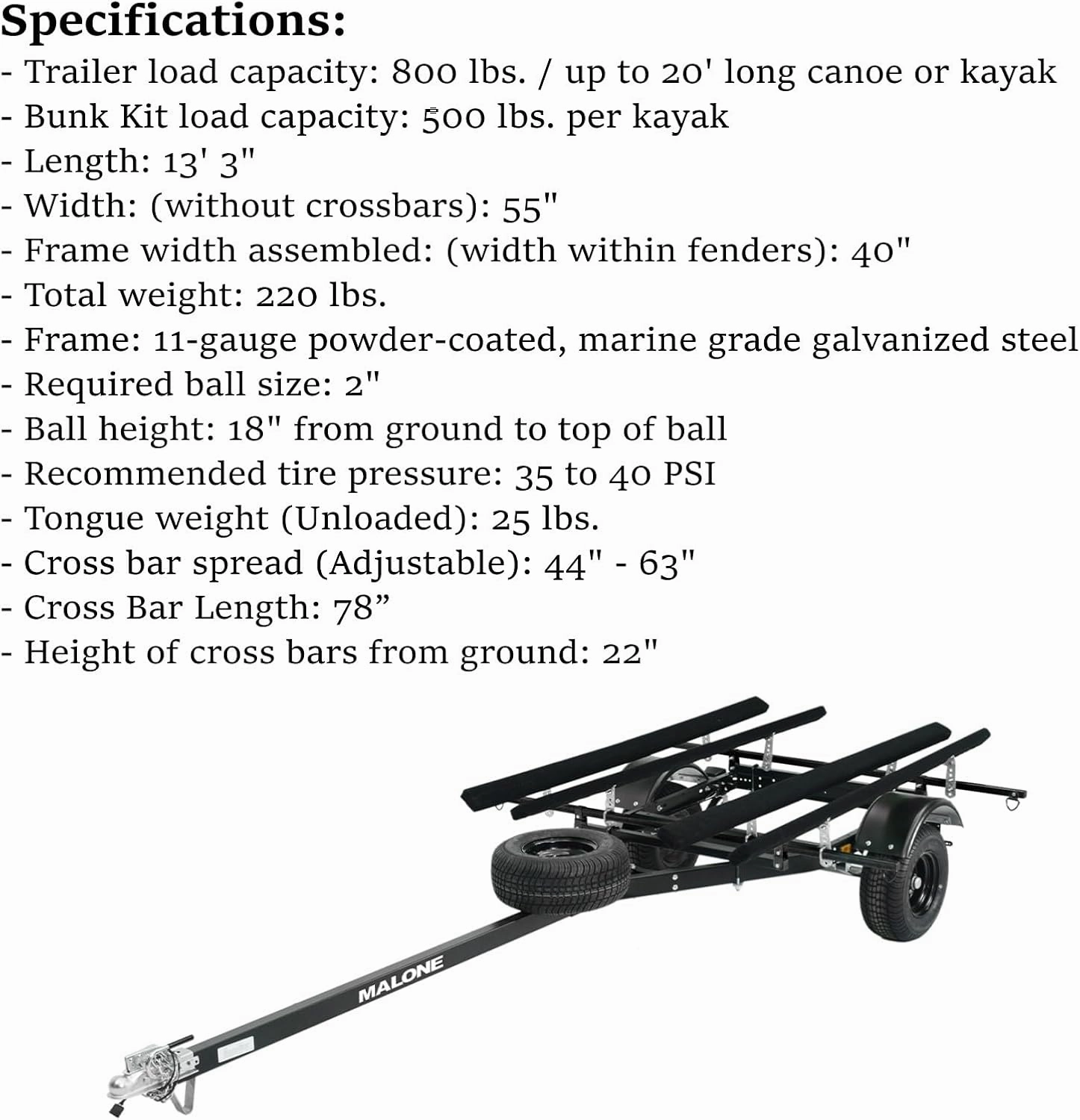 Malone MPG444LB-BLK MicroSport Off-Road LowBed 2 Kayak Trailer with 2 Bunk Kayak Carriers | 20' / 800 lbs Load Capacity | 22" Crossbar to Ground Clearance | Black Powder Coat Finish