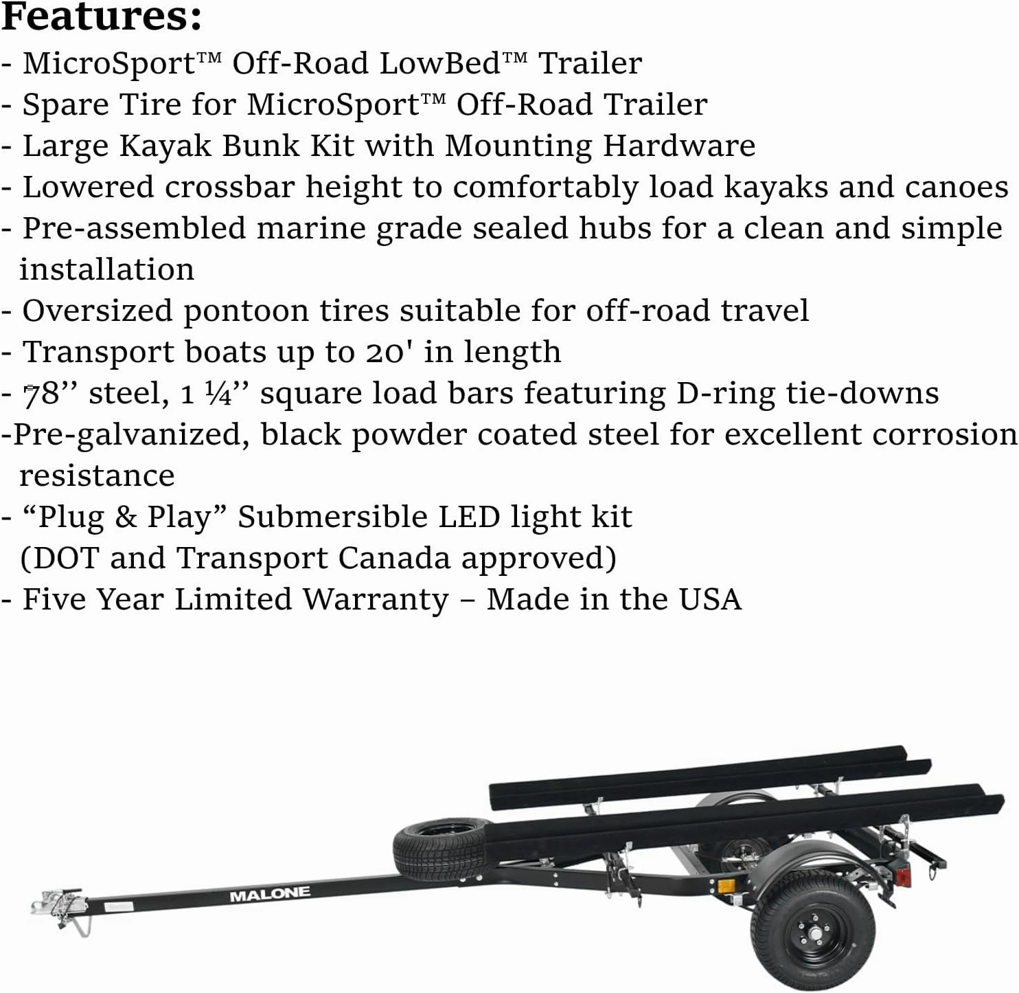 Malone MPG444LB-BLK MicroSport Off-Road LowBed 2 Kayak Trailer with 2 Bunk Kayak Carriers | 20' / 800 lbs Load Capacity | 22" Crossbar to Ground Clearance | Black Powder Coat Finish