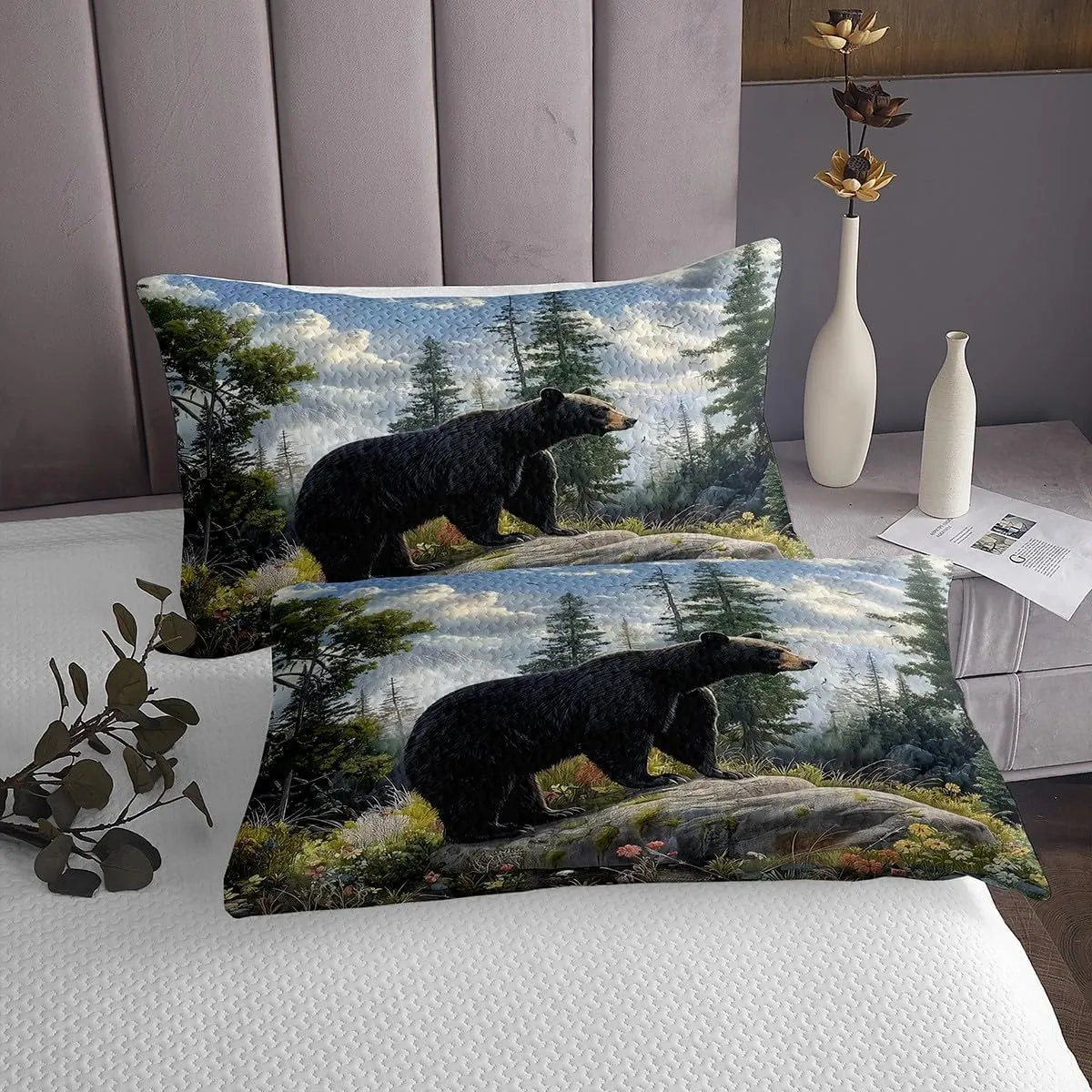 Manfei Bear Bedspread Quilt,Lodge Animal Jungle Wildlife Hunting Theme Bedding Coverlet for Bedroom,Natural Mount Trees Flowers Sky Rustic Scenery Queen Size Coverlet Set with 2 Pillowcases