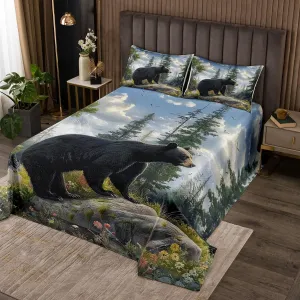 Manfei Bear Bedspread Quilt,Lodge Animal Jungle Wildlife Hunting Theme Bedding Coverlet for Bedroom,Natural Mount Trees Flowers Sky Rustic Scenery Queen Size Coverlet Set with 2 Pillowcases