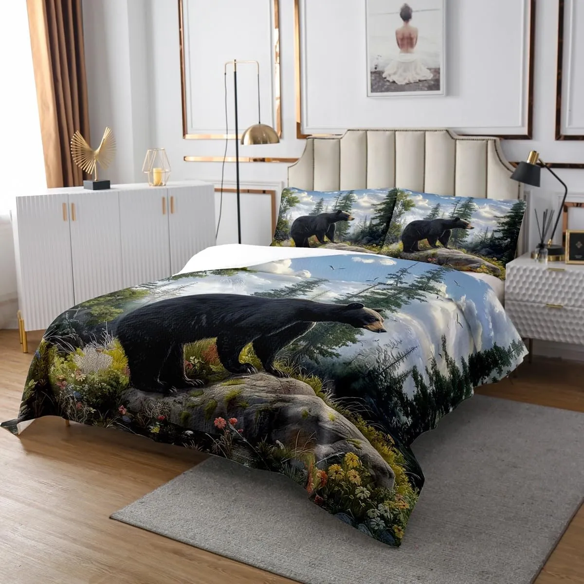 Manfei Bear Bedspread Quilt,Lodge Animal Jungle Wildlife Hunting Theme Bedding Coverlet for Bedroom,Natural Mount Trees Flowers Sky Rustic Scenery Queen Size Coverlet Set with 2 Pillowcases