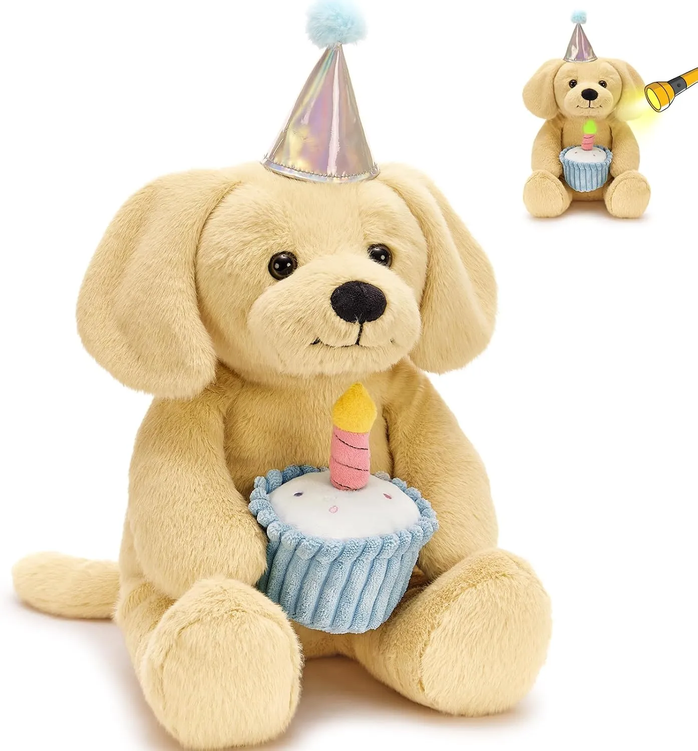 MaoGoLan Golden Retriever Stuffed Animal with a Hat for Graduation, Dog Birthday Stuffed Animal with Cake Plush, Golden Retriever Plush with Removable Candle Glow for Mothers Day, Easter
